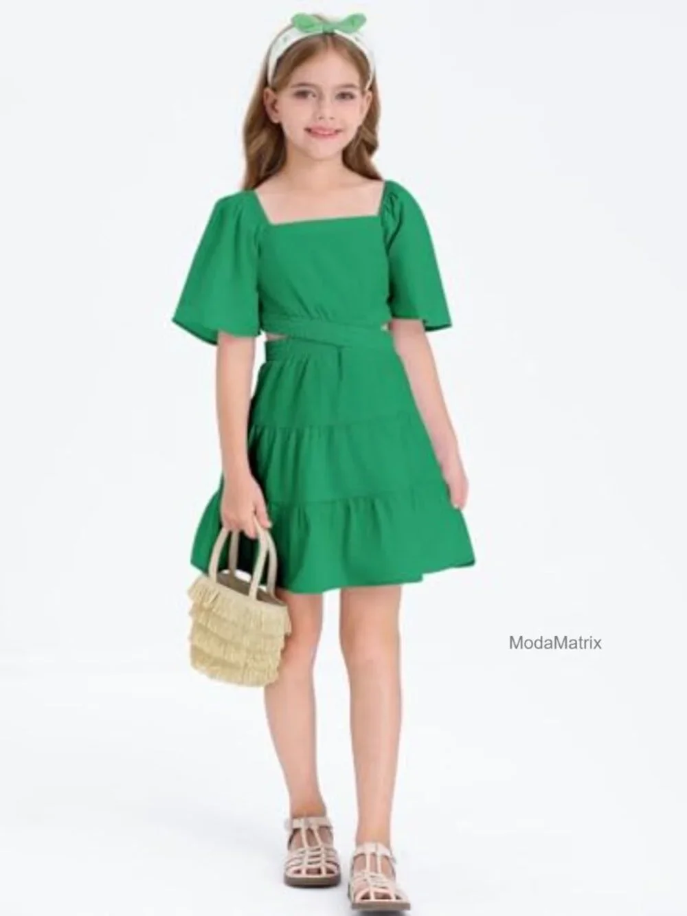 Cotton Square Neck Short Sleeve Crossover Waist A-line Mini Dress for Girls